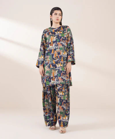 2 Piece - Printed Cotton Satin Suit