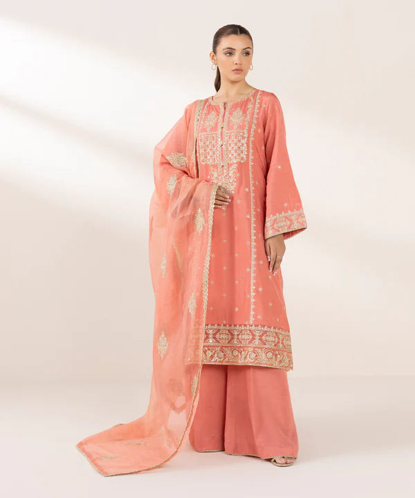 3 Piece - Embroidered Raw Silk Suit