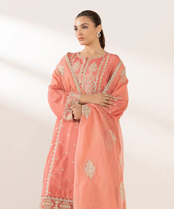 3 Piece - Embroidered Raw Silk Suit