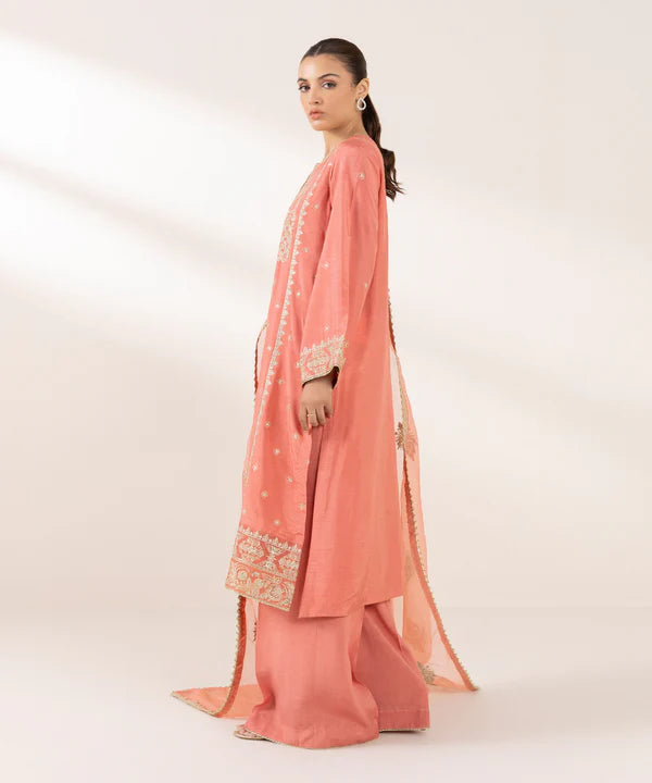 3 Piece - Embroidered Raw Silk Suit