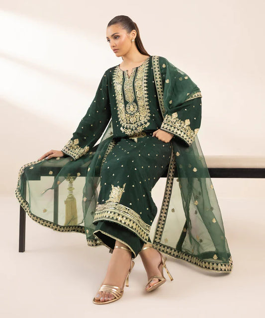 3 Piece - Embroidered Raw Silk Suit