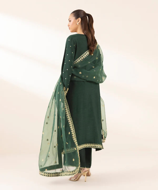 3 Piece - Embroidered Raw Silk Suit