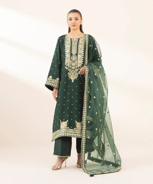 3 Piece - Embroidered Raw Silk Suit