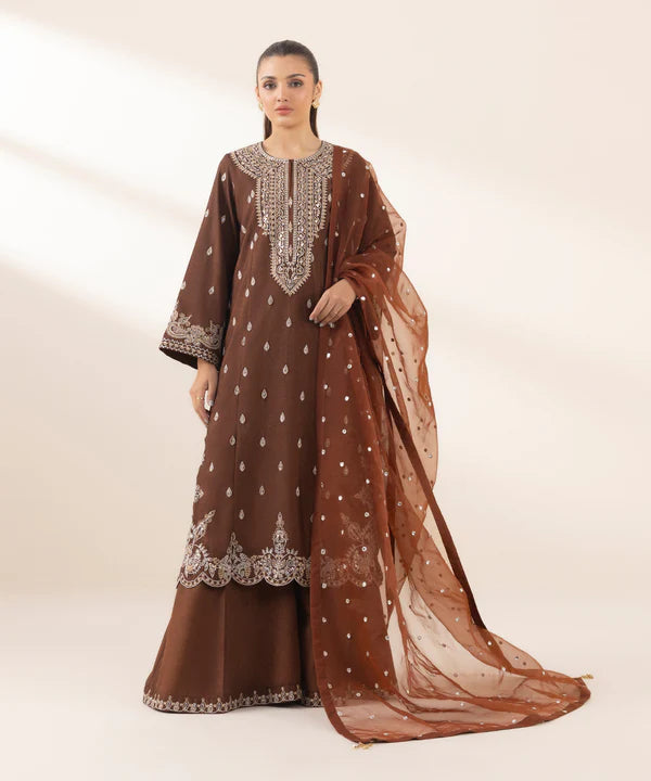 3 Piece - Embroidered Raw Silk Suit