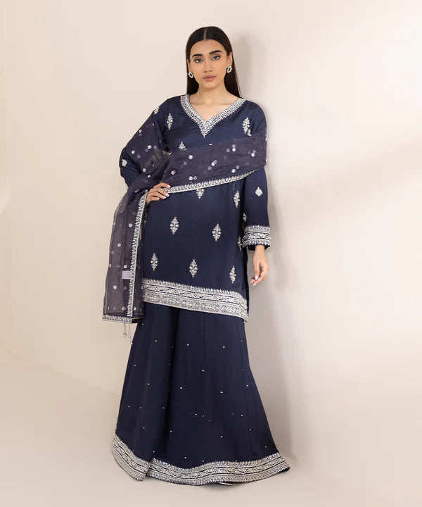 3 Piece - Embroidered Raw Silk Suit