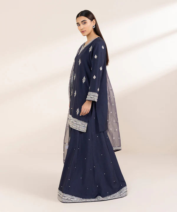 3 Piece - Embroidered Raw Silk Suit