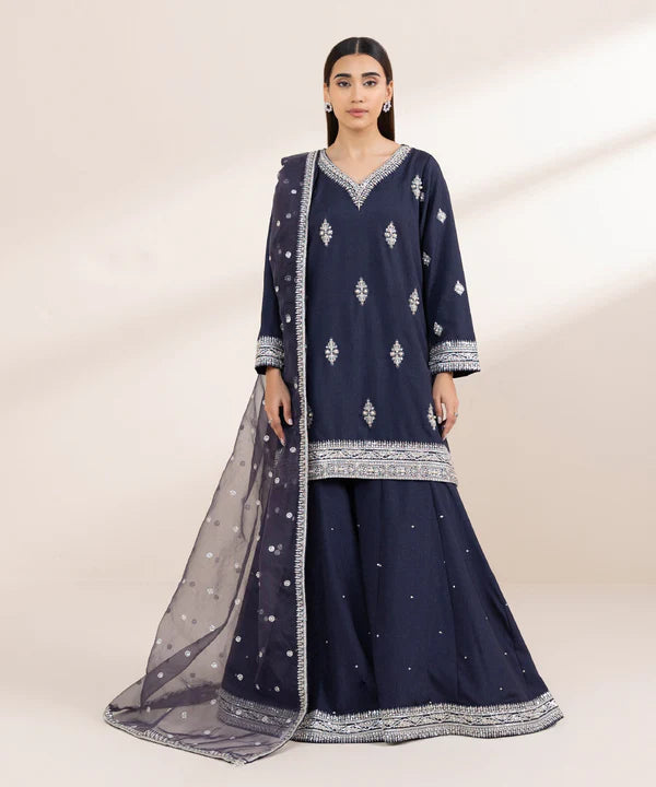 3 Piece - Embroidered Raw Silk Suit