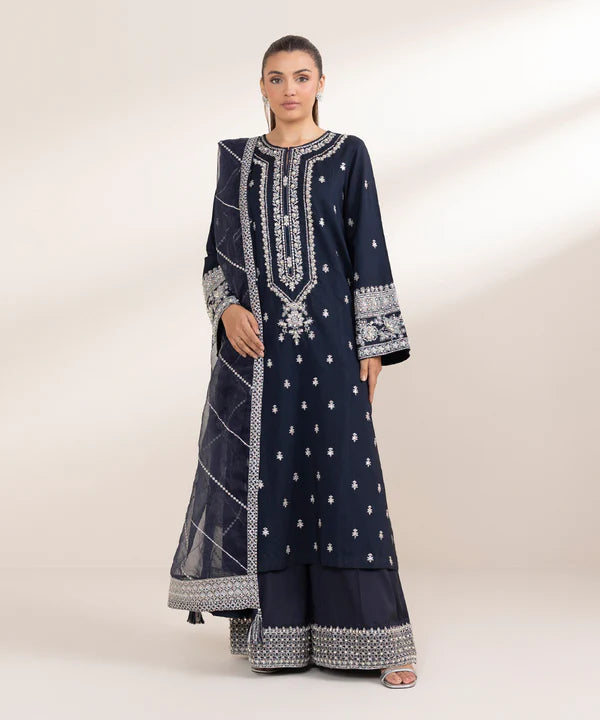 3 Piece - Embroidered Raw Silk Suit