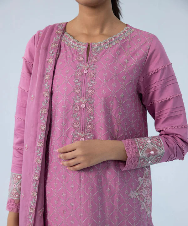 3 Piece - Embroidered Cotton Satin Suit