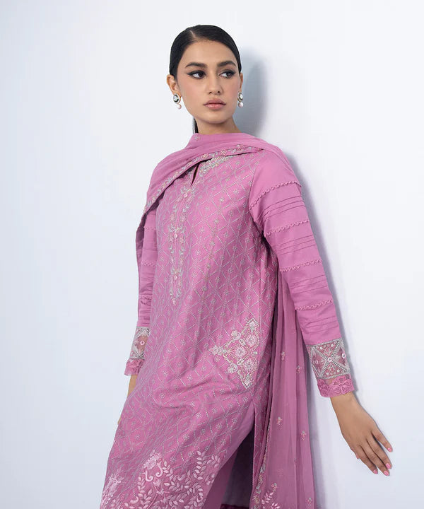 3 Piece - Embroidered Cotton Satin Suit