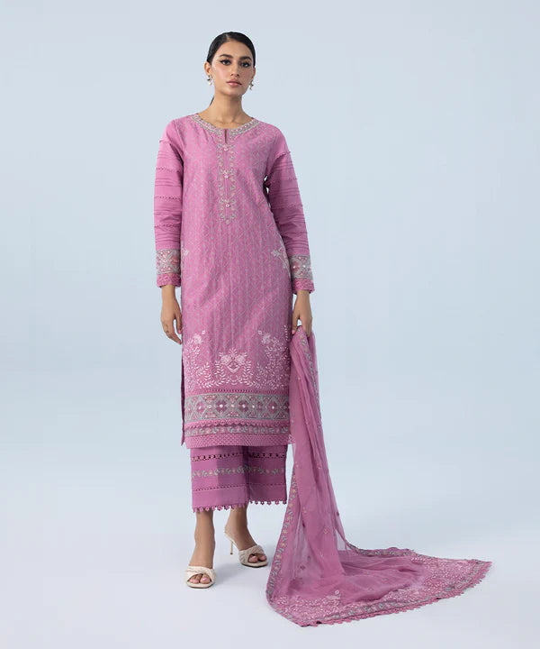 3 Piece - Embroidered Cotton Satin Suit