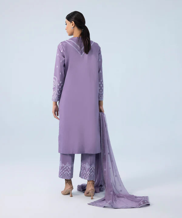 3 Piece - Embroidered Cotton Satin Suit