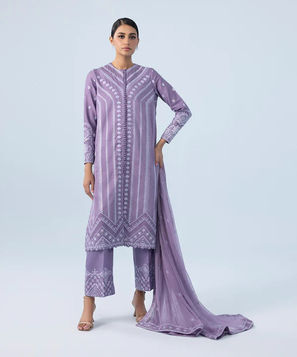 3 Piece - Embroidered Cotton Satin Suit