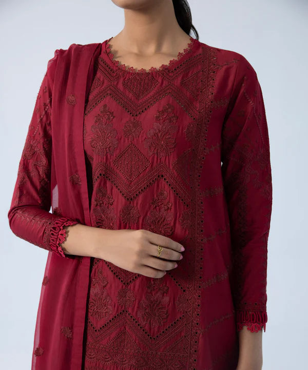 3 Piece - Embroidered Cotton Satin Suit