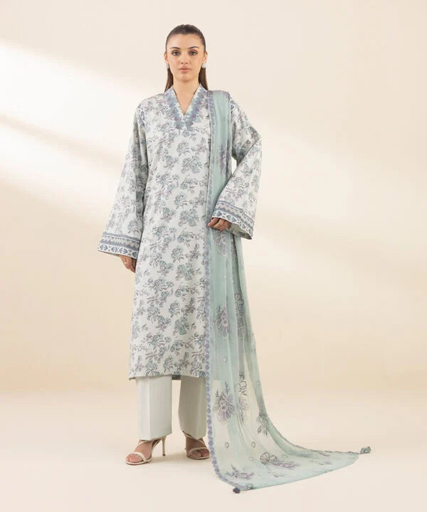 3 Piece - Embroidered Cotton Satin Suit