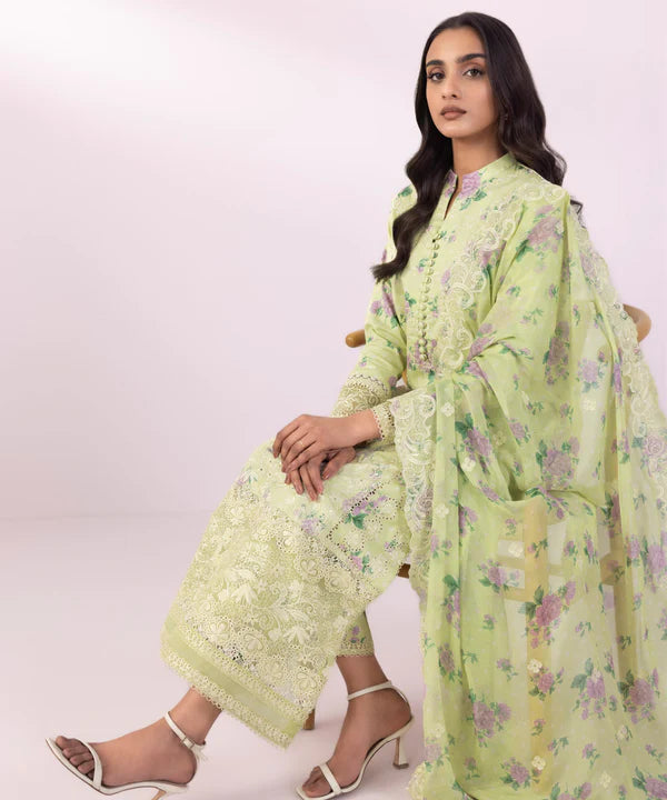 3 Piece - Embroidered Cotton Satin Suit