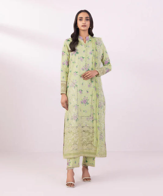 3 Piece - Embroidered Cotton Satin Suit