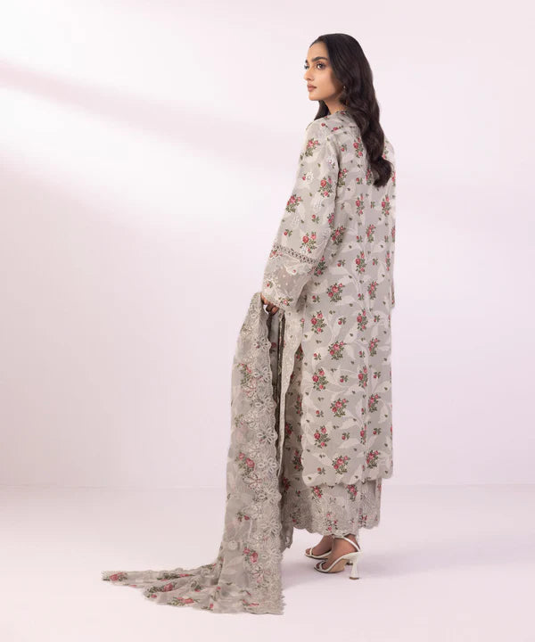 3 Piece - Embroidered Cotton Satin Suit