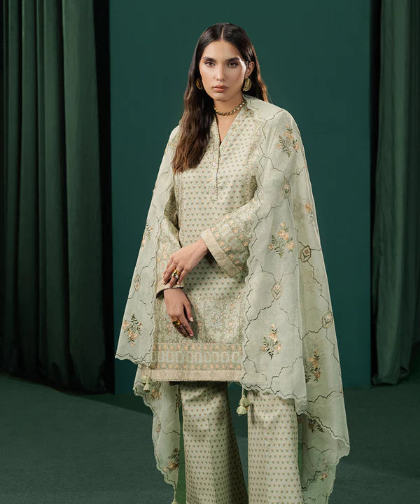 3 Piece - Embroidered Cotton Satin Suit
