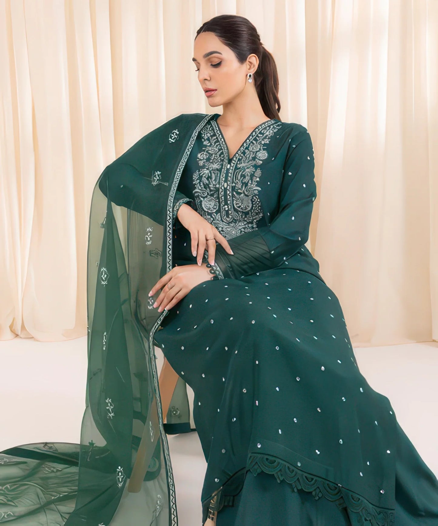 3 Piece - Embroidered Raw Silk Suit