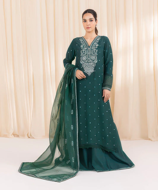 3 Piece - Embroidered Raw Silk Suit