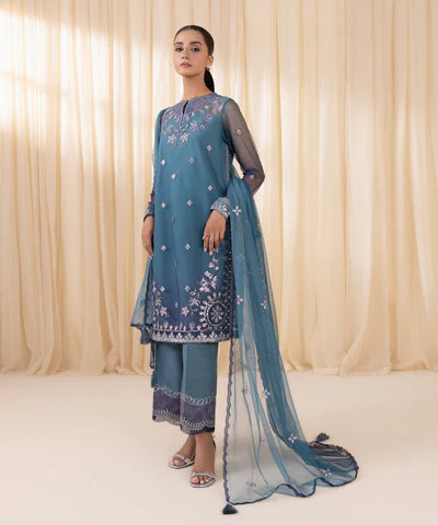 3 Piece - Embroidered Net Suit