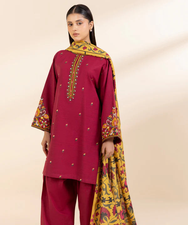 3 Piece - Embroidered Light Khaddar Suit