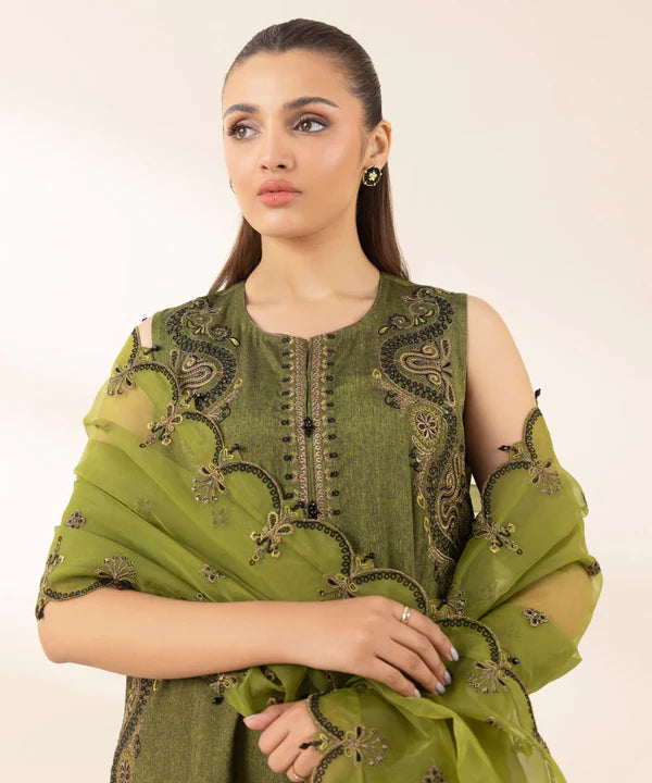 3 Piece - Embroidered Raw Silk Suit