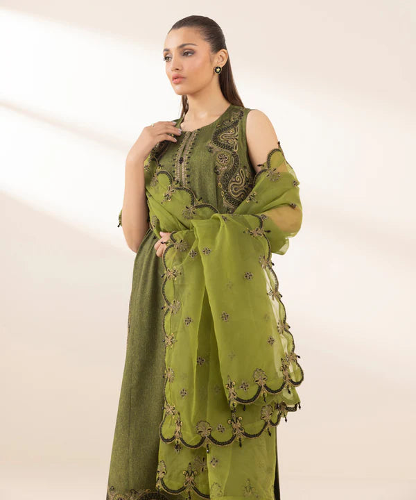 3 Piece - Embroidered Raw Silk Suit