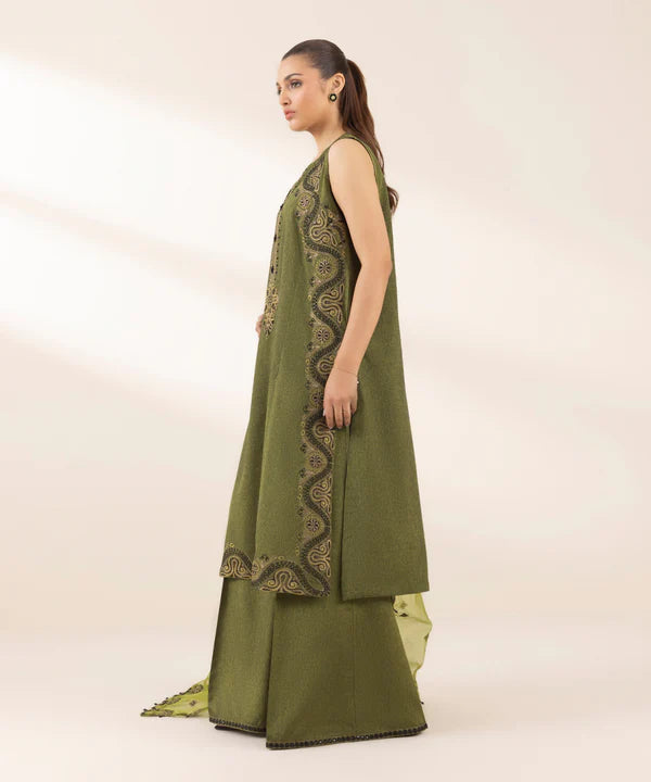 3 Piece - Embroidered Raw Silk Suit