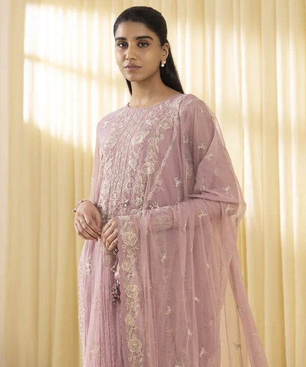 3 Piece - Embroidered Net Suit