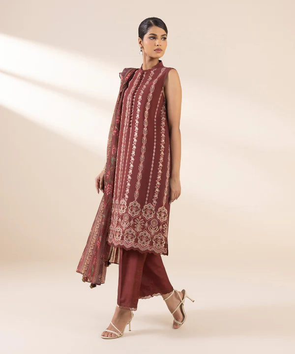 3 Piece - Embroidered Raw Silk Suit