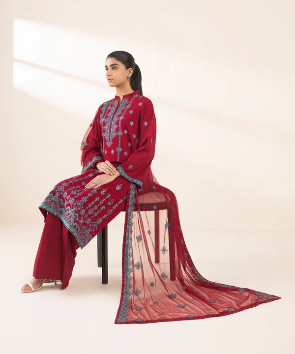 3 Piece - Embroidered Raw Silk Suit