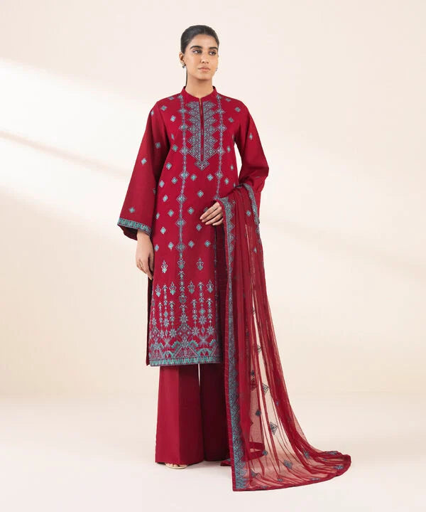 3 Piece - Embroidered Raw Silk Suit