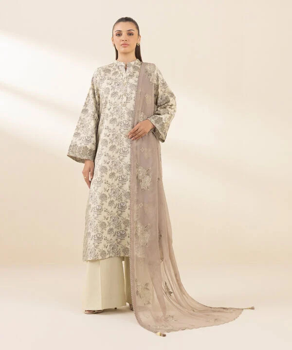 3 Piece - Embroidered Cotton Satin Suit