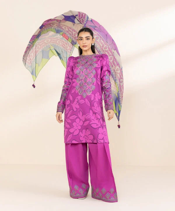 3 Piece - Embroidered Cotton Satin Suit
